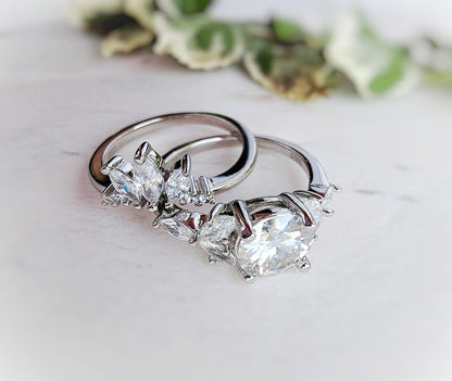 Moissanite Engagement Ring Set: Marquise Crown, Rhodium Plated Silver