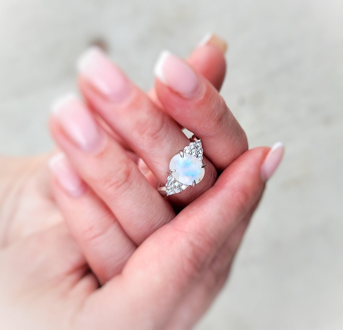Dainty Moonstone Ring: Rhodium Plated 925 Sterling Silver Engagement Jewelry