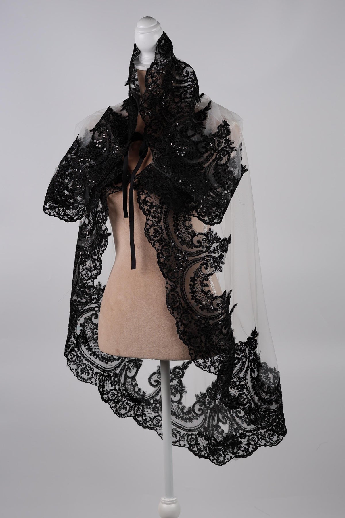 Bridal Cape White with Black Lace Trim, 60 Inch