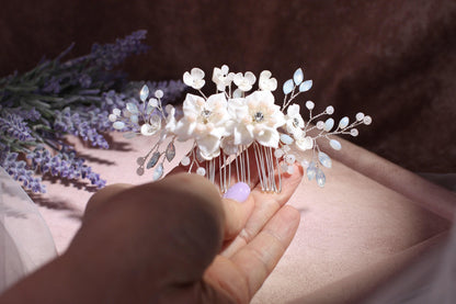 White Floral Bridal Comb, Crystal Porcelain Flower Wedding Hairpiece