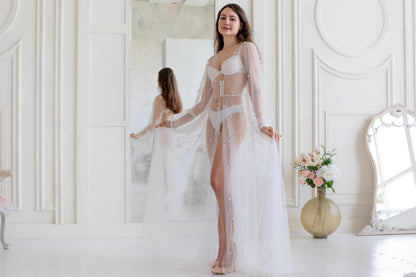 Pearl Tulle Bridal Robe, Long Handcrafted Wedding Boudoir Gown