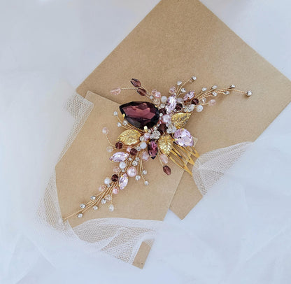 Burgundy Crystal Wedding Hair Comb, Gold & Pink Bridal Piece, 6 Inch