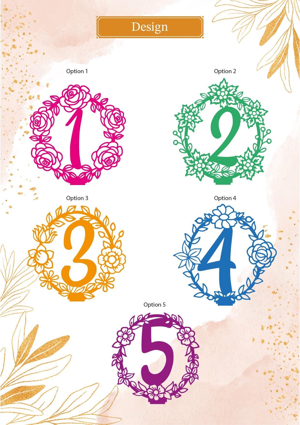 five different floral designs, each representing a number from 1 to 5. The designs are arranged in a grid format, with each row containing one design and each column containing one number.