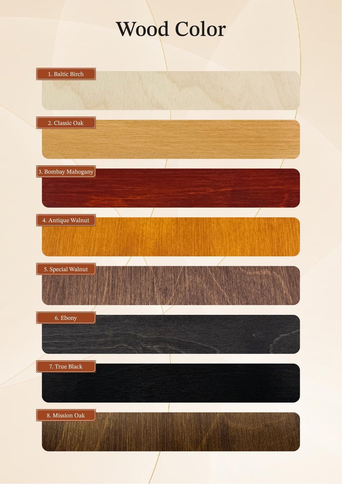 a color chart with various types of wood, each corresponding to a different color. The chart provides a visual representation of the different wood colors and their corresponding names.