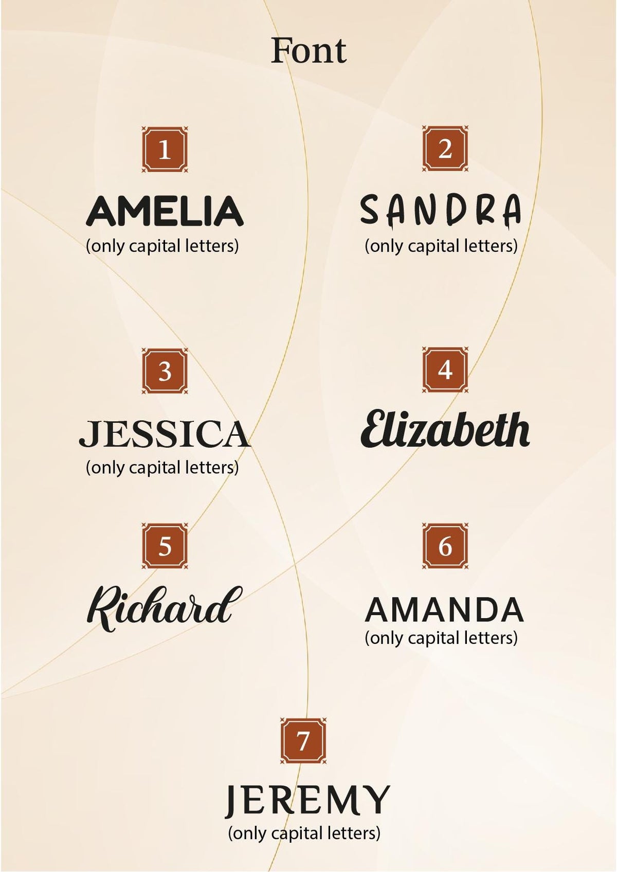 a list of names and their corresponding font styles, with each name and font style listed in a separate square.