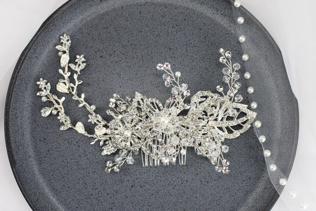 Crystal Flower Bridal Hair Comb, Silver Wedding Hairpiece