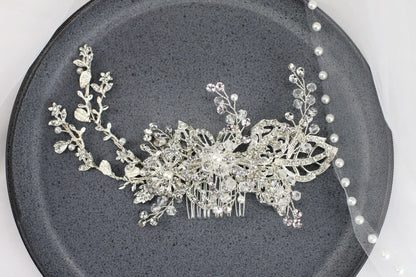Crystal Flower Bridal Hair Comb, Silver Wedding Hairpiece