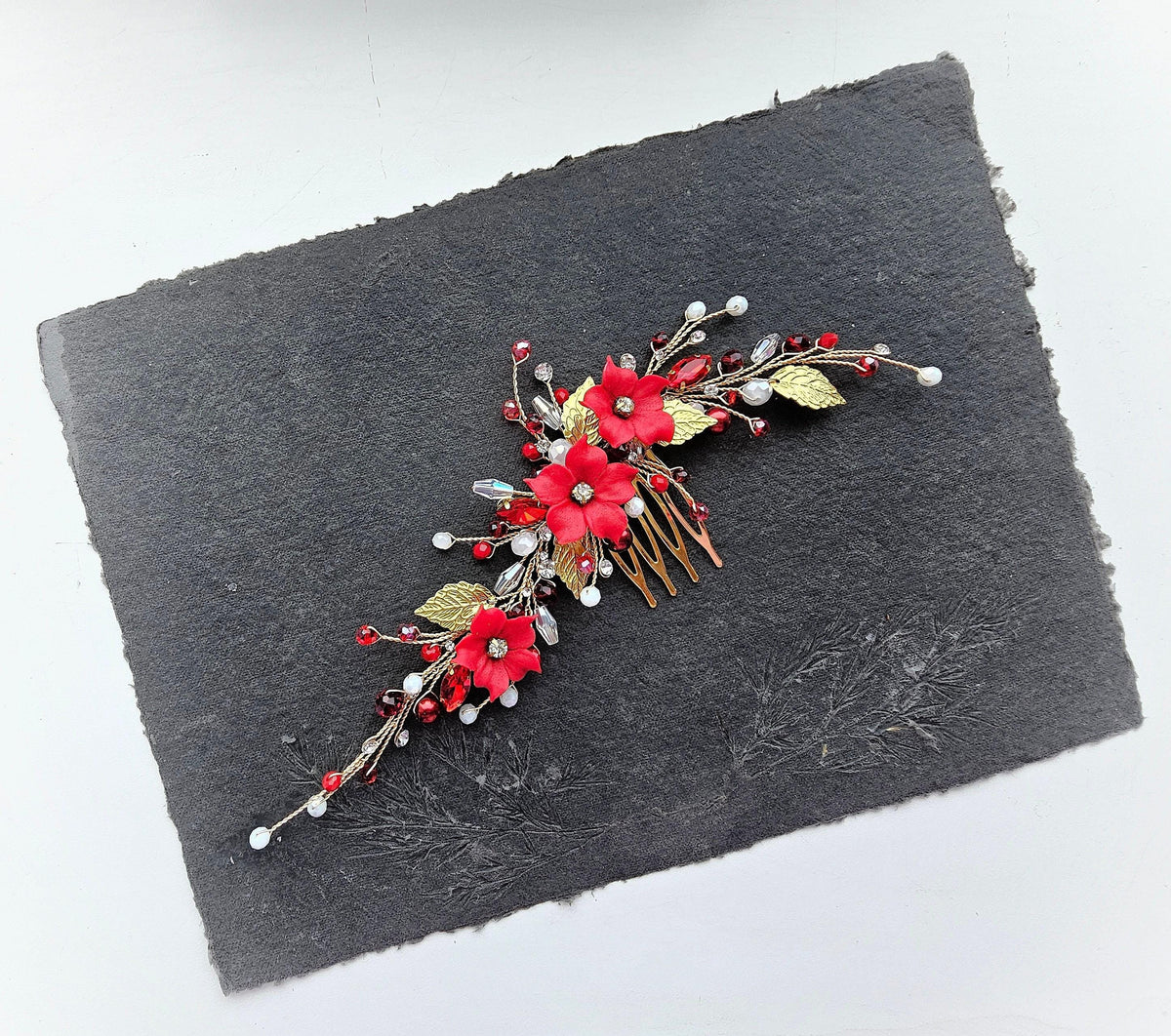 Red Floral Wedding Hair Comb. Elegant Bridal or Prom Hairpiece. Handmade Wedding Accessory for Brides & Bridesmaids