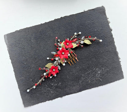 Red Floral Wedding Hair Comb. Elegant Bridal or Prom Hairpiece. Handmade Wedding Accessory for Brides & Bridesmaids