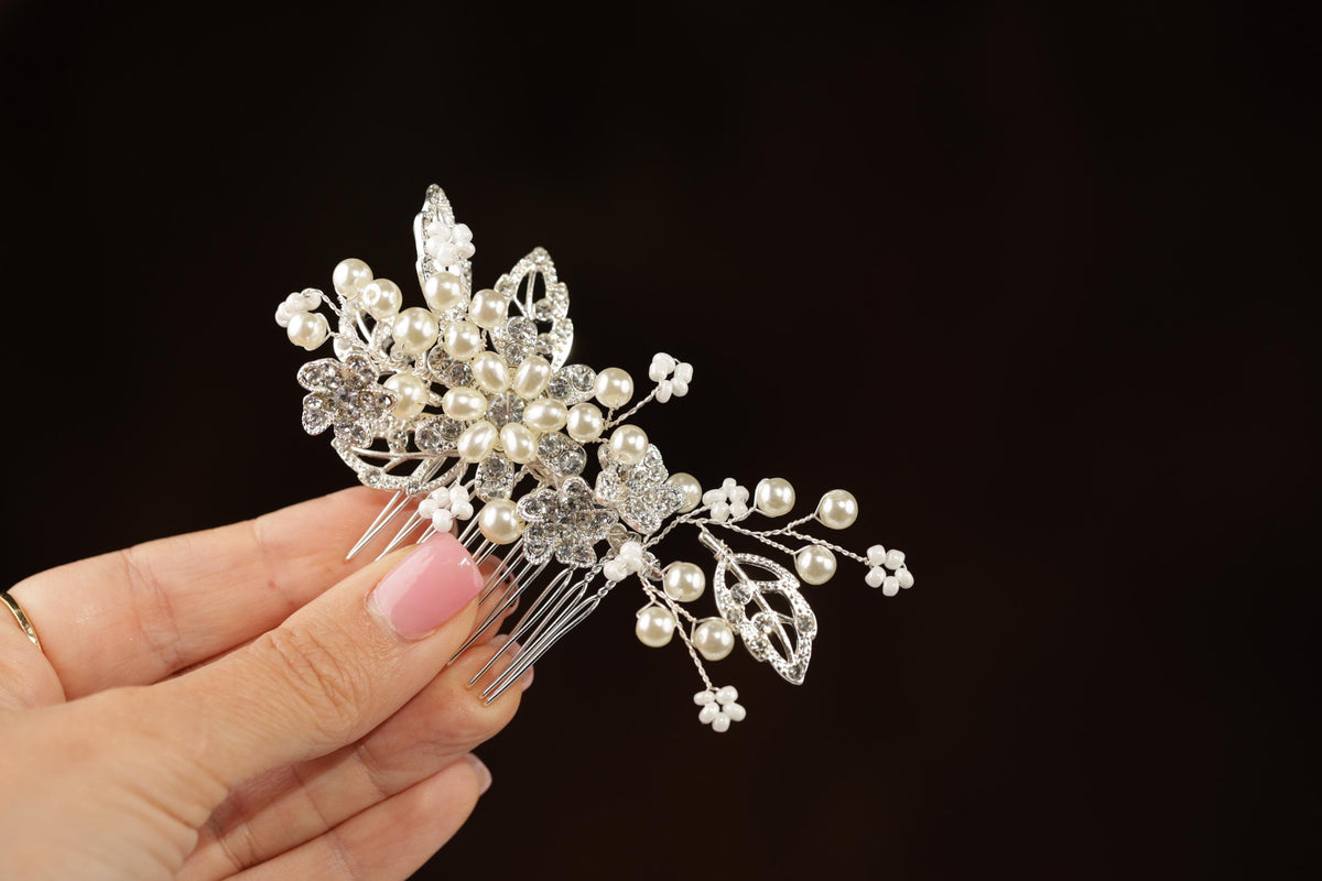 Pearl Floral Bridal Hair Comb, Silver Wedding Hairpiece