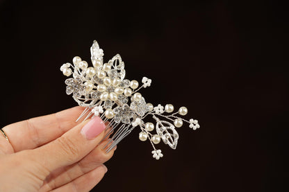 Pearl Floral Bridal Hair Comb, Silver Wedding Hairpiece