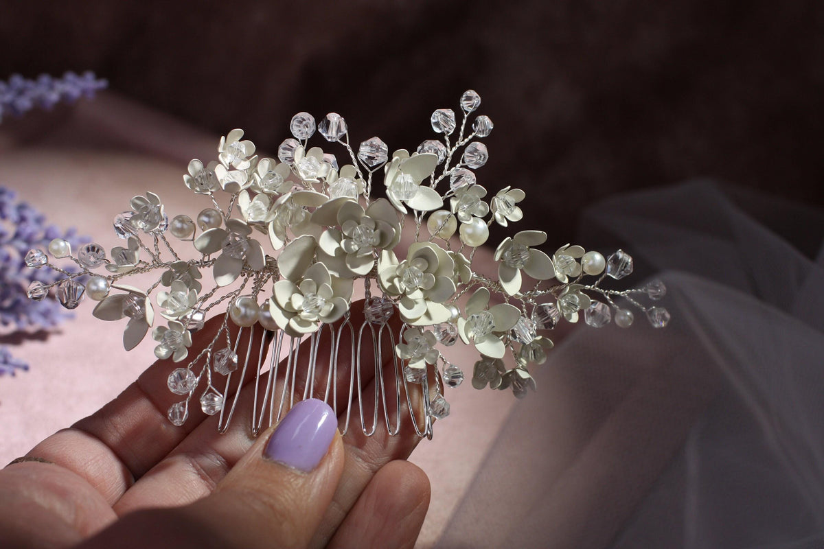 Silver Floral Wedding Hair Comb, Crystal Bridal Hairpiece