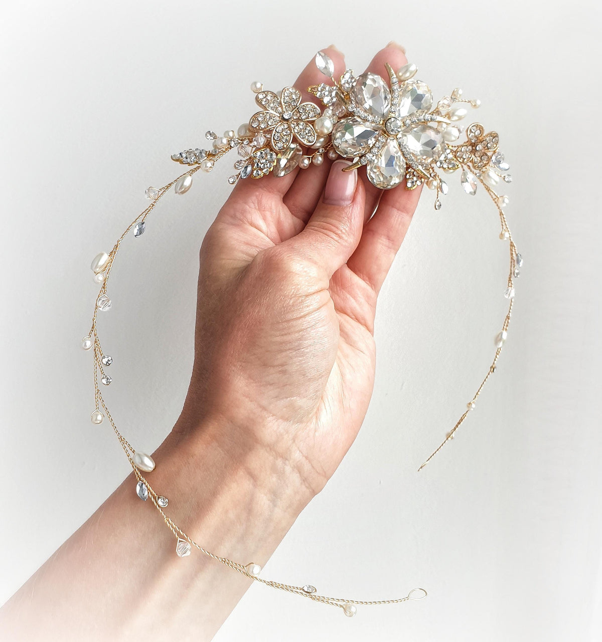 Gold Flower Bridal Hair Vine: Pearl & Crystal Wedding Headpiece
