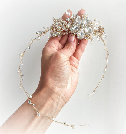 Gold Flower Bridal Hair Vine: Pearl & Crystal Wedding Headpiece