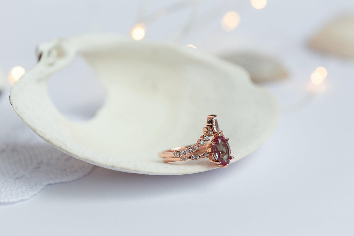 Oval Alexandrite Engagement Ring Set: Rose Gold Sterling Silver Bridal Jewelry