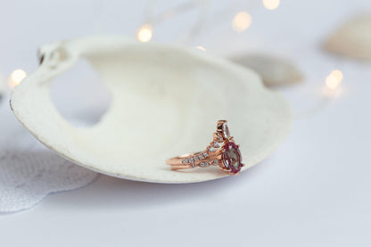 Oval Alexandrite Engagement Ring Set: Rose Gold Sterling Silver Bridal Jewelry