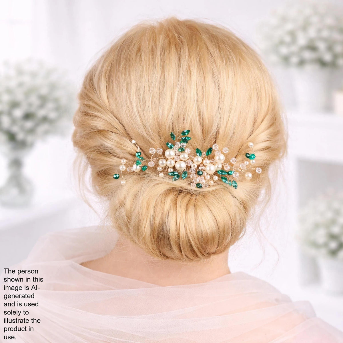 the back view of a woman's blonde hair with a decorative hair accessory featuring green and white beads.