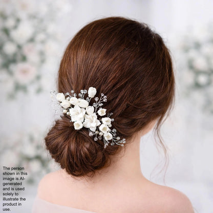 a woman's back view with her hair styled in a bun, adorned with a decorative flower accessory.