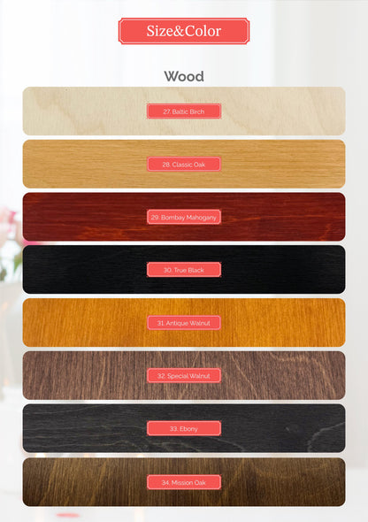 a color chart for different types of wood, with each type represented by a distinct color. The chart includes the words "Size&Color" and "Wood" at the top, and the colors listed are "27 Baltic Birch", "28 Classic Oak", "29 Bombay Mahogany", "30 True Black", "31 Antique Walnut", "32 Special Walnut", "33 Elephant", and "34 Mission Oak".