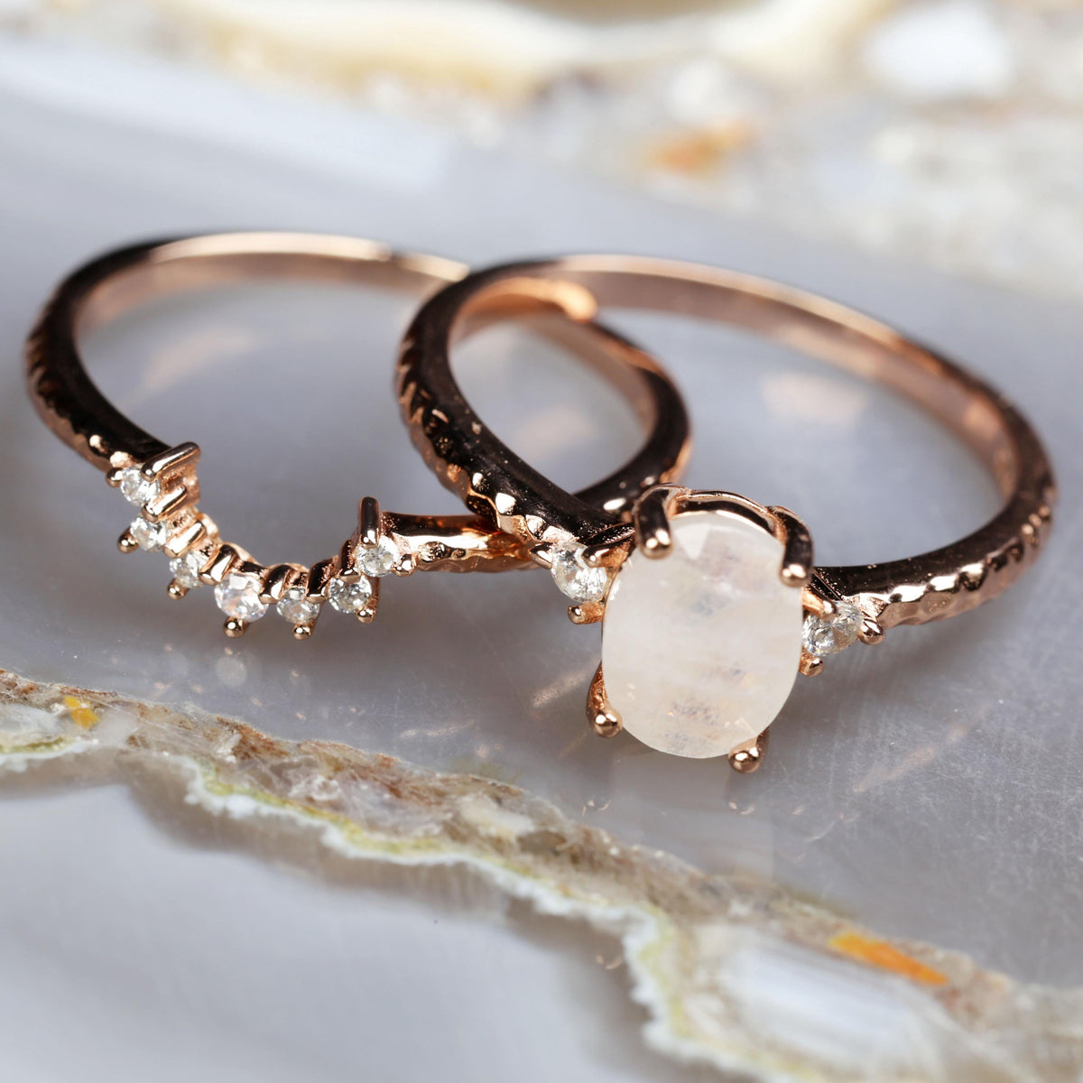 Rainbow Moonstone Engagement Ring Set: Rose Gold Plated Sterling Silver