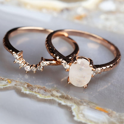 Rainbow Moonstone Engagement Ring Set: Rose Gold Plated Sterling Silver