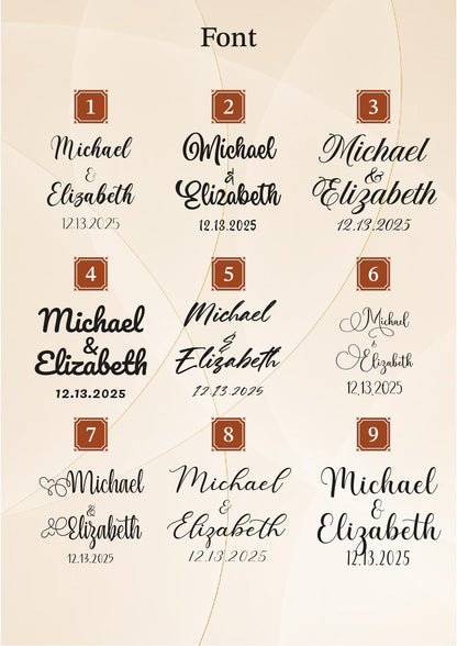 a collection of font designs for a wedding, with each design featuring the names "Michael & Elizabeth" and the dates "12.13.2025" and "12.13.2026".