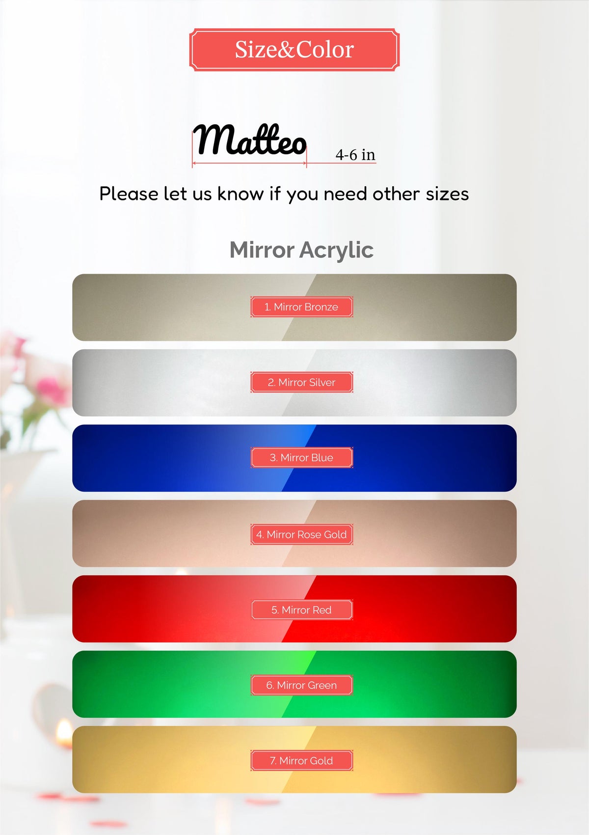 a color swatch for matte paint, with a color palette ranging from 4-6 inches in size. The swatch includes various shades of matte paint, such as bronze, silver, blue, rose gold, red, green, and gold. The swatch is labeled with the name "Matteo" and the size in inches.