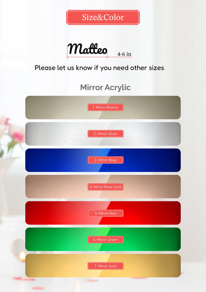 a color swatch for matte paint, with a color palette ranging from 4-6 inches in size. The swatch includes various shades of matte paint, such as bronze, silver, blue, rose gold, red, green, and gold. The swatch is labeled with the name "Matteo" and the size in inches.