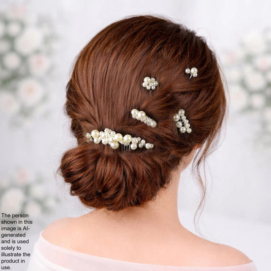 a woman's back view with her hair styled in a bun, adorned with pearl hair clips.