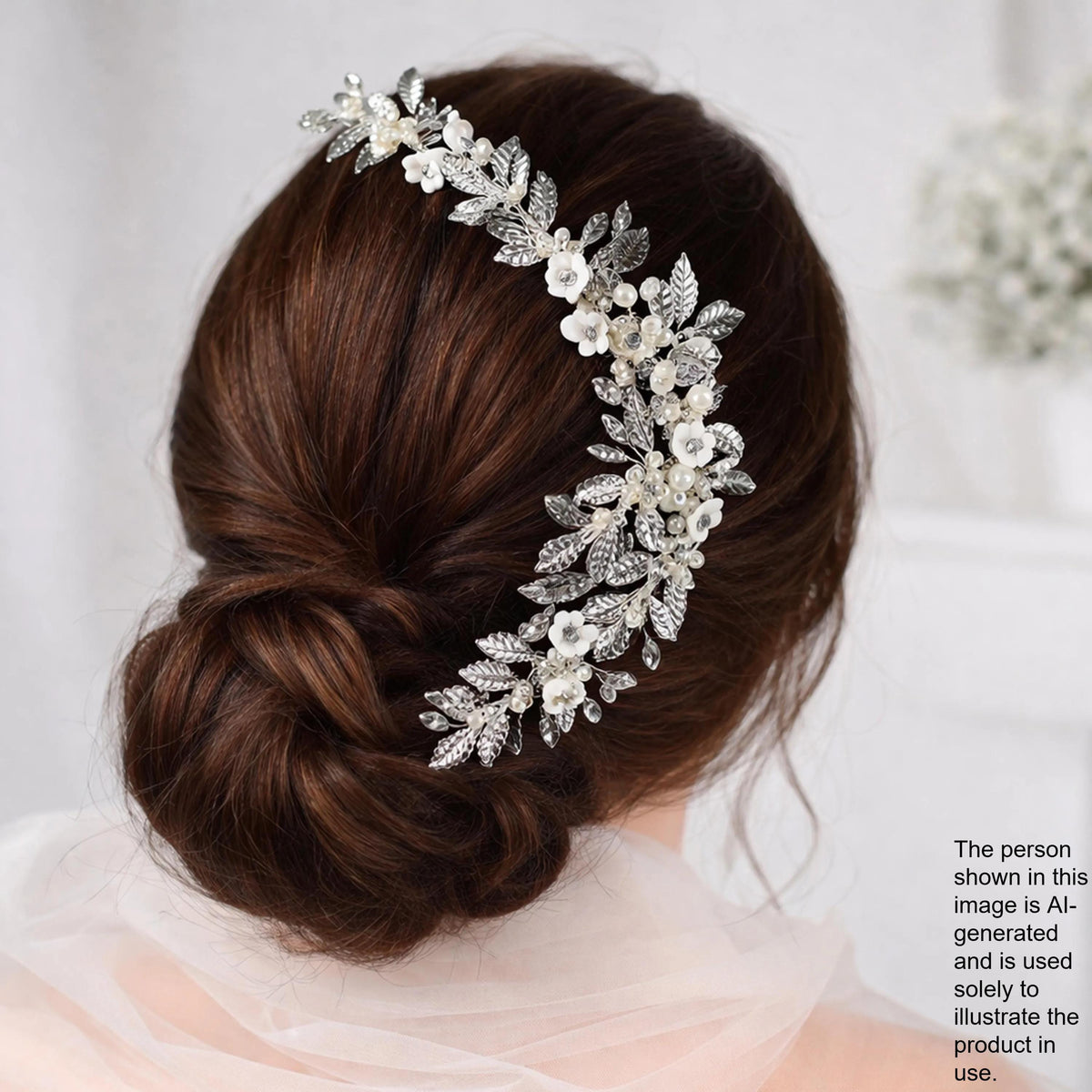 a woman's hair styled in a bun, with a decorative hair accessory featuring white flowers and leaves attached to the back of her head.