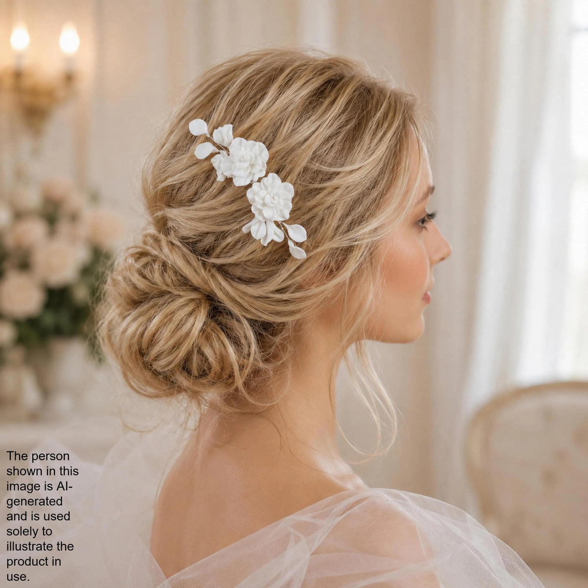 A woman with blonde hair styled in a bun, wearing a white veil and a white flower accessory in her hair.