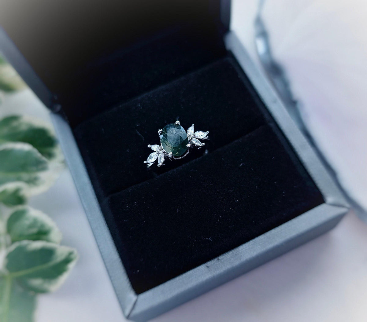 Oval Moss Agate Engagement Ring: Sterling Silver, CZ Accents