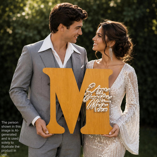 A man and a woman are standing together, smiling and holding a large wooden letter 'M' in front of them.