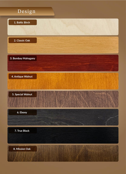 a collection of different types of wood, each with its own unique color and texture. The wood samples include Baltic Birch, Classic Oak, Bombay Mahogany, Antique Walnut, Special Walnut, Ebony, True Black, and Mission Oak. The image provides a visual representation of these various wood types, allowing viewers to compare and contrast their characteristics.
