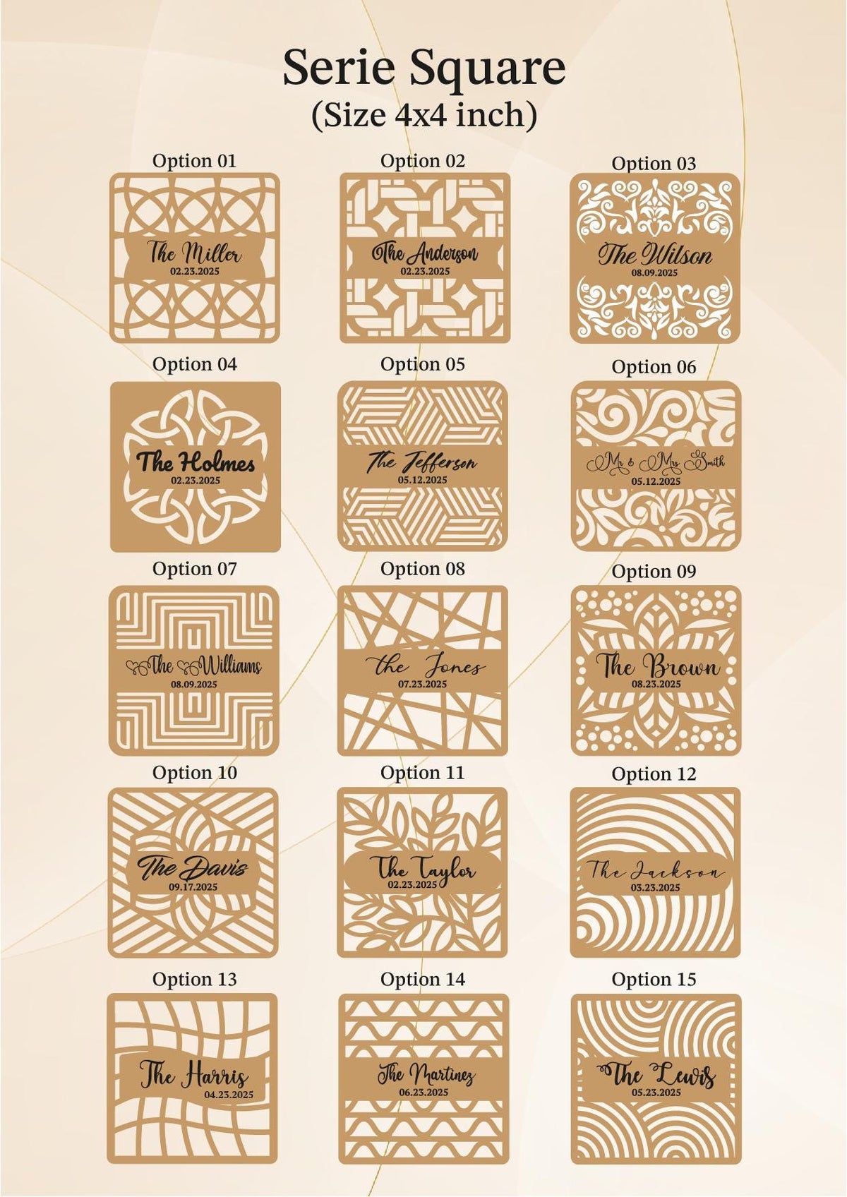 a collection of 16 different designs, each with a unique pattern and name, arranged in a grid format. The designs are labeled with their respective options, and the names of the designs are described in a clear and concise manner.