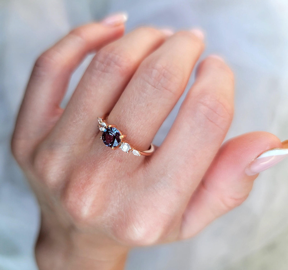Vintage style Alexandite engagement ring, round cut promice jewelry, sterling silver goldplated bridal accessory