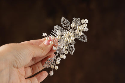 Pearl Floral Bridal Hair Comb, Silver Wedding Hairpiece