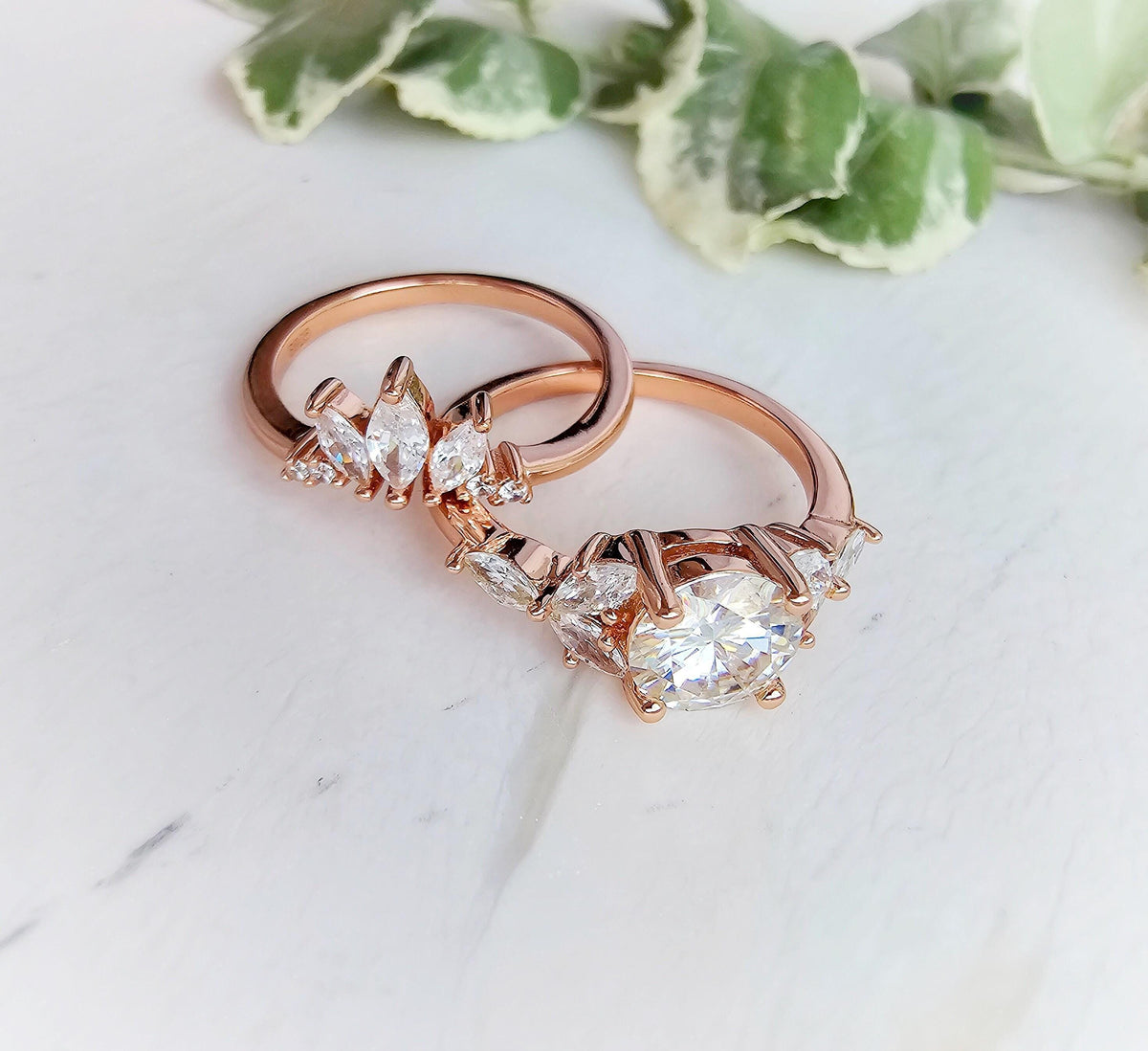 Vintage Moissanite Engagement Ring Set: Rose Gold Bridal Wedding Rings