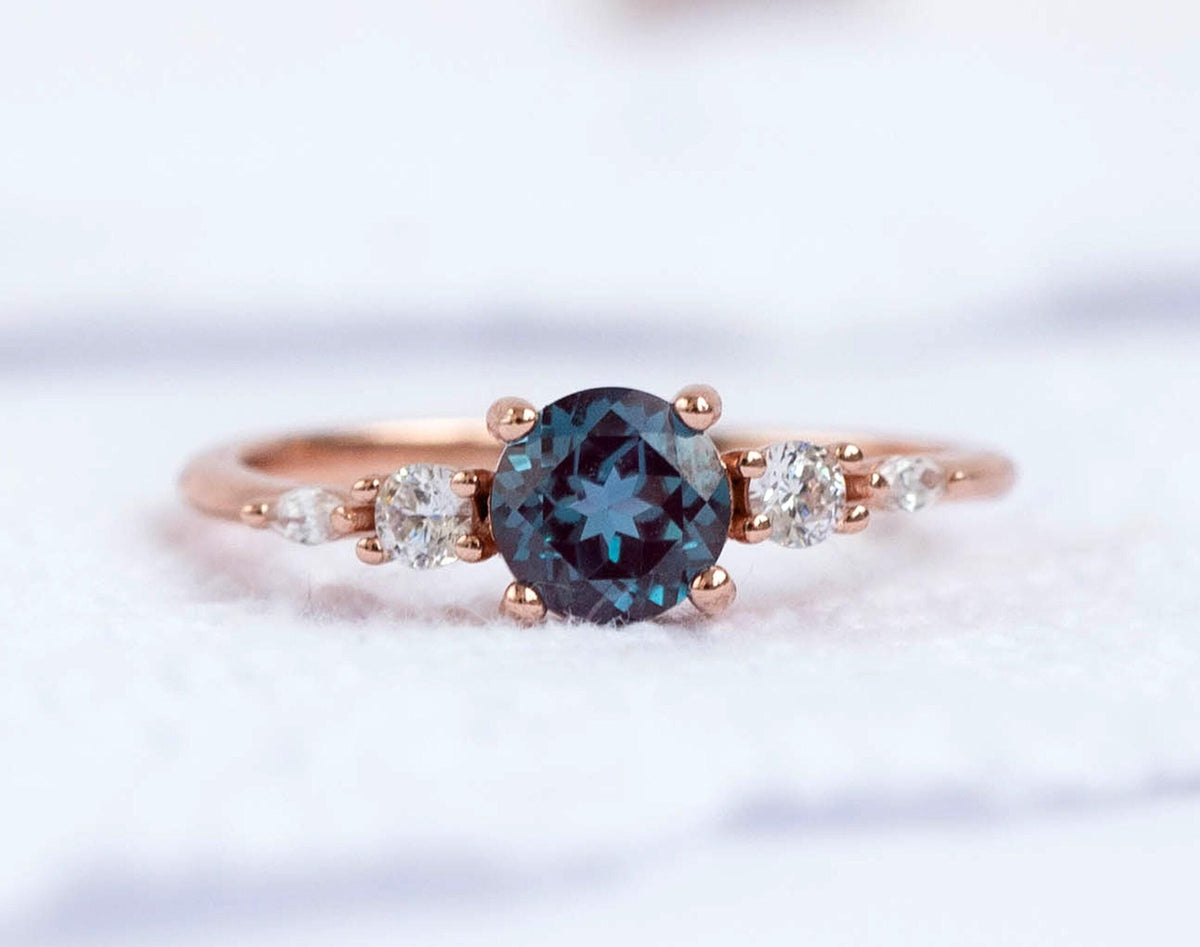 Vintage style Alexandite engagement ring, round cut promice jewelry, sterling silver goldplated bridal accessory
