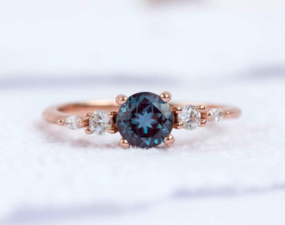 Vintage style Alexandite engagement ring, round cut promice jewelry, sterling silver goldplated bridal accessory