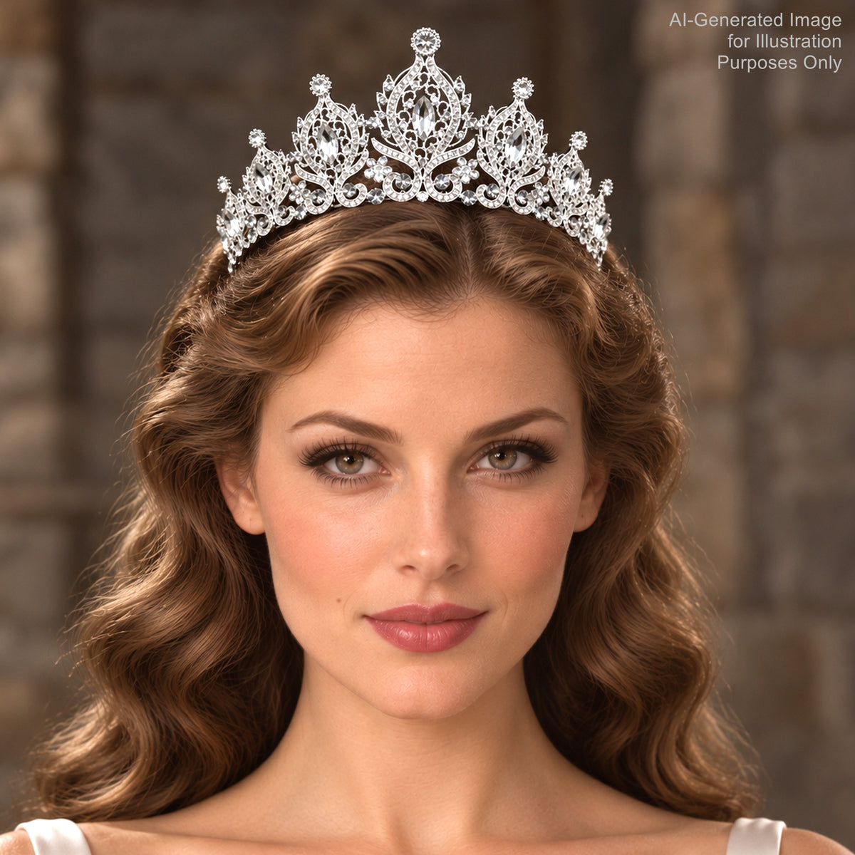 A woman with long, wavy brown hair wearing a large, ornate tiara with a diamond-encrusted crown.