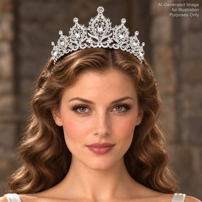 A woman with long, wavy brown hair wearing a large, ornate tiara with a diamond-encrusted crown.