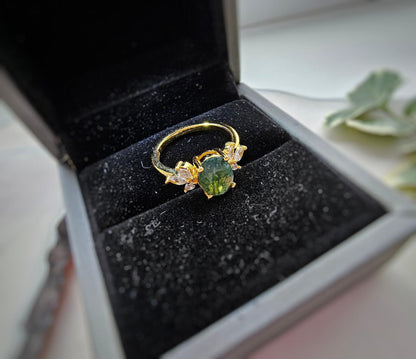 Moss Agate Engagement Ring: Oval Green Gemstone, Gold Plated Sterling Silver