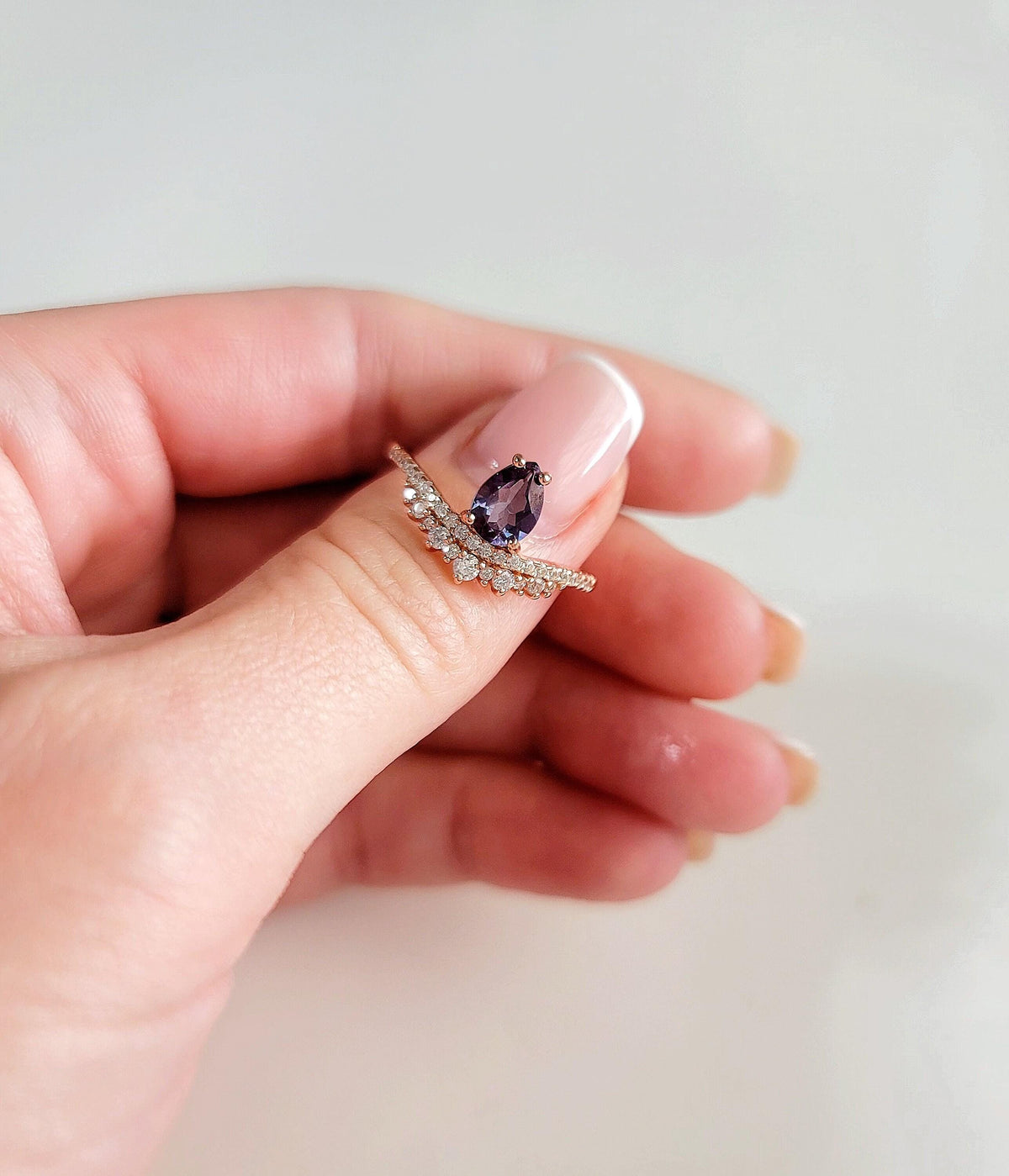 Teardrop Alexandrite Engagement Ring: Rose Gold Plated Sterling Silver