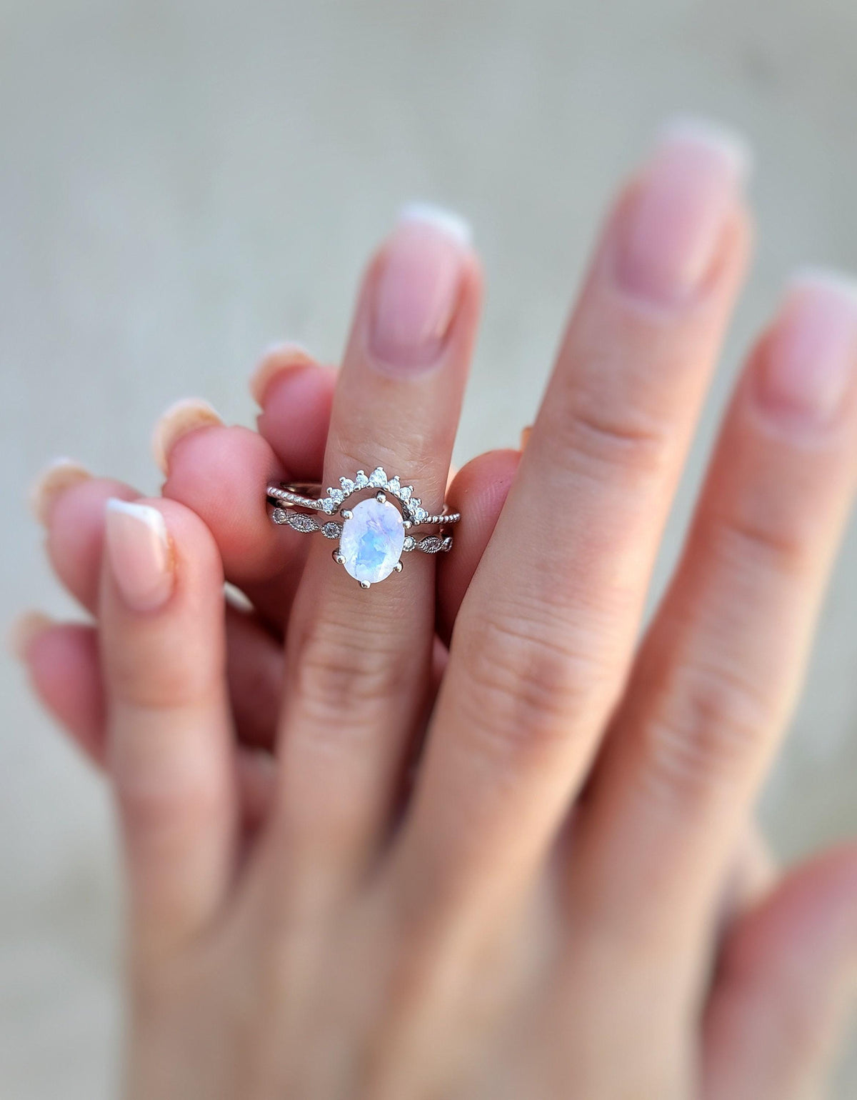 Moonstone Engagement Ring Set: Sterling Silver Rhodium Crown