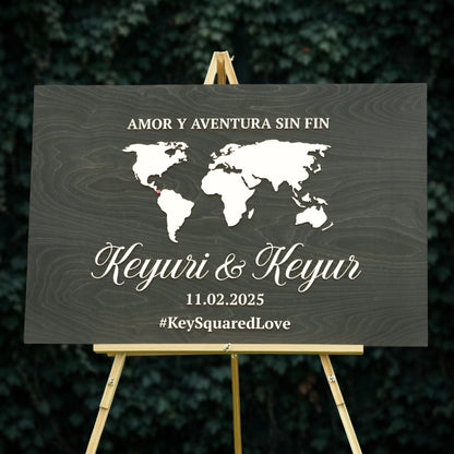 a wooden sign with a world map and text, standing on a wooden stand.