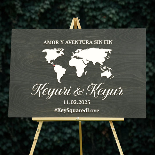 a wooden sign with a world map and text, standing on a wooden stand.