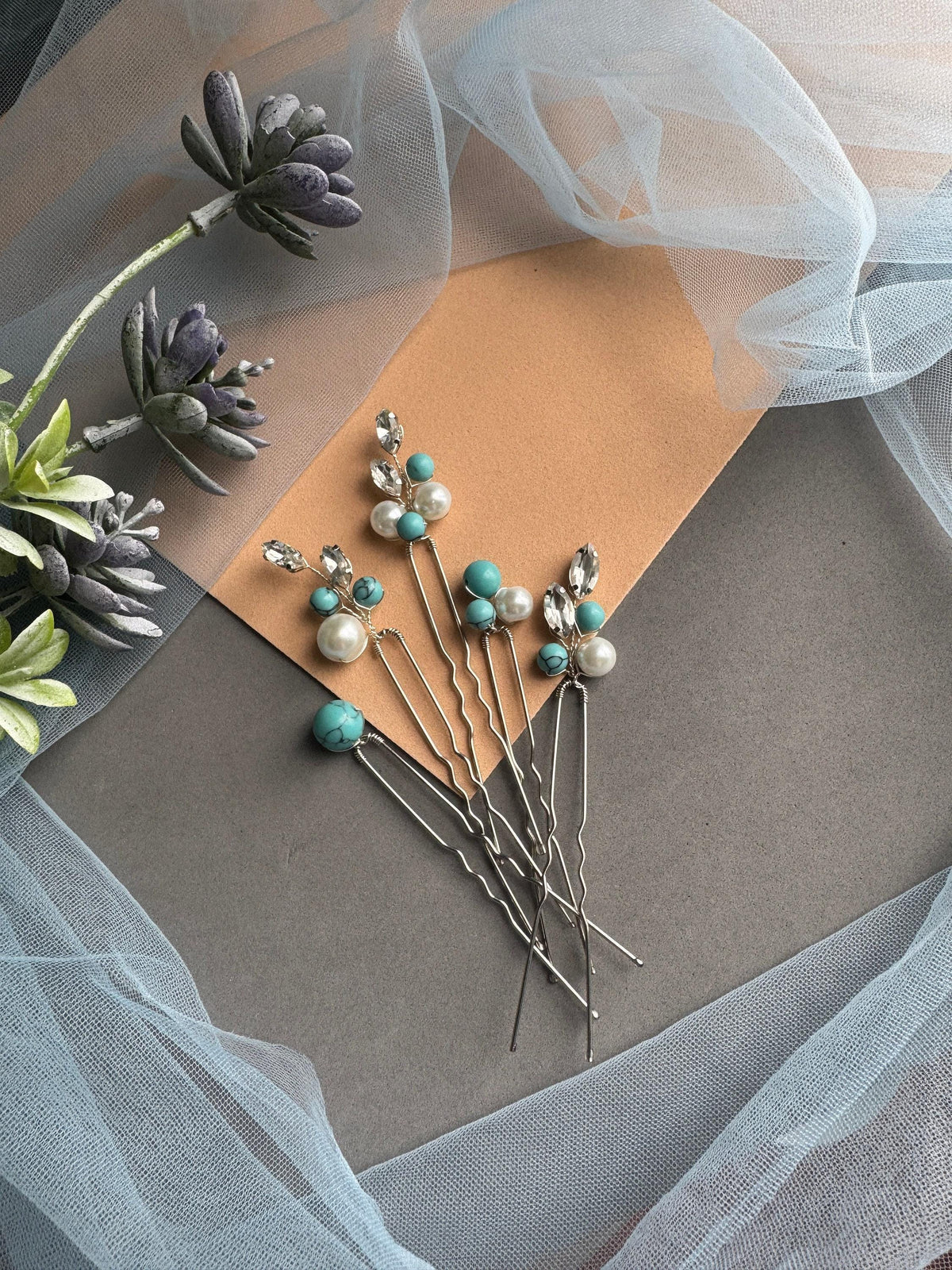 Turquoise Bridal Hair Pins Set of 5, Crystal Pearl Wedding Hairpiece, Blue Bridal Pins