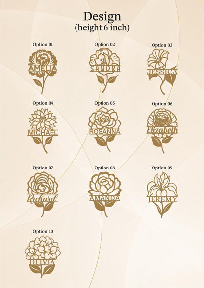 a collection of nine different floral designs, each featuring a unique name or title. The designs are arranged in a grid format, with three rows and three columns. The names of the designs are displayed in a gold color, and the titles are written in a smaller font size. The image does not contain any text that can be described in more detail, and it does not include any additional information about the content or context of the image.