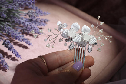 White Porcelain Flower Bridal Comb, Silver Wedding Hair Piece